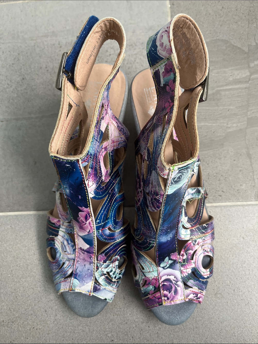 Spring Step L’Artiste Leather Floral Cutout Peep-Toe Heeled Sandals